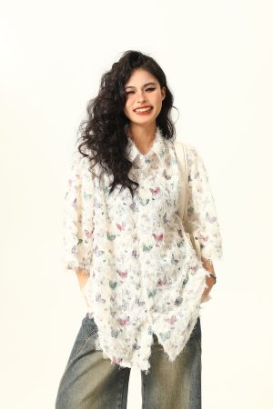 Butterfly Tassel Short Sleeve Shirt for Women - Trendy Loose Summer Blouse, 2025 Fashion, Y2K Style, Perfect for Summer Outfits