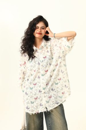 Butterfly Tassel Short Sleeve Shirt for Women - Trendy Loose Summer Blouse, 2025 Fashion, Y2K Style, Perfect for Summer Outfits