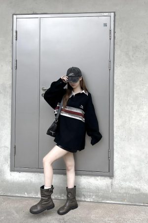 California Vintage Striped Spliced Polo Collar Sweatshirt - Unisex Long Sleeve, Versatile, Washable, American Dirty Dye Style