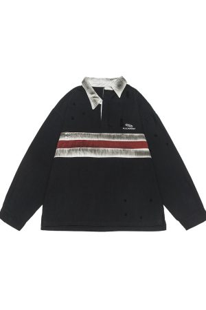 California Vintage Striped Spliced Polo Collar Sweatshirt - Unisex Long Sleeve, Versatile, Washable, American Dirty Dye Style