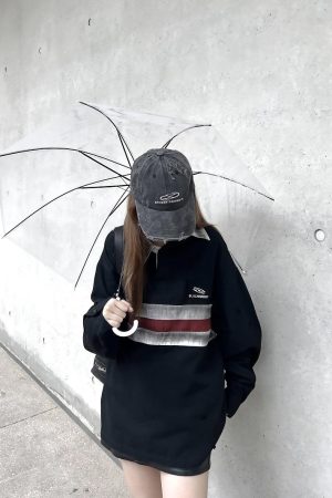 California Vintage Striped Spliced Polo Collar Sweatshirt - Unisex Long Sleeve, Versatile, Washable, American Dirty Dye Style