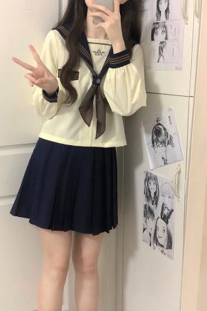 Camellia Cloud Sailor Girl JK Uniform Set - High School Sailor Suit with Long and Short Sleeve Tops, Classic Style, Y2K Fashion
