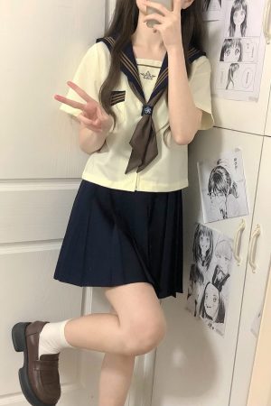 Camellia Cloud Sailor Girl JK Uniform Set - High School Sailor Suit with Long and Short Sleeve Tops, Classic Style, Y2K Fashion
