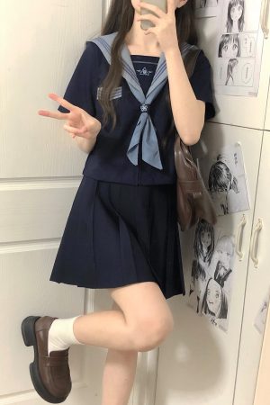 Camellia Cloud Sailor Girl JK Uniform Set - High School Sailor Suit with Long and Short Sleeve Tops, Classic Style, Y2K Fashion