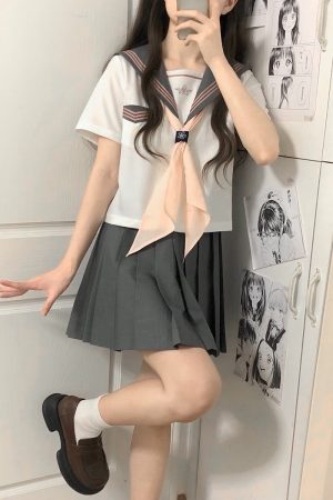 Camellia Cloud Sailor Girl JK Uniform Set - High School Sailor Suit with Long and Short Sleeve Tops, Classic Style, Y2K Fashion