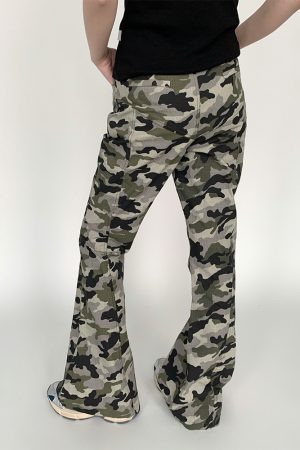 Camo Workwear Casual Split Slim-Fit Flared Wide-Leg Retro Chic Long Pants for Women - Trendy Y2K Fashion