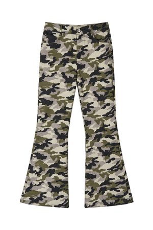 Camo Workwear Casual Split Slim-Fit Flared Wide-Leg Retro Chic Long Pants for Women - Trendy Y2K Fashion