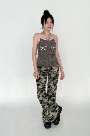 Camo Workwear Casual Split Slim-Fit Flared Wide-Leg Retro Chic Long Pants for Women - Trendy Y2K Fashion