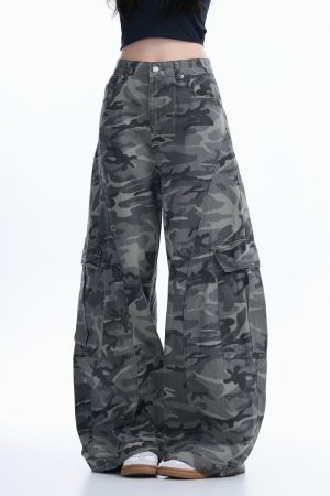 Camouflage Curved Knife Pants with Multiple Pockets - American Street Style Denim Work Pants for Trendy Casual Wear