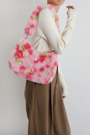 Candy Pink Plush Underarm Bag for Women - Sweet Strawberry Leopard Print Crossbody Tote - Cute Small Niche Style