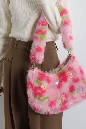 Candy Pink Plush Underarm Bag for Women - Sweet Strawberry Leopard Print Crossbody Tote - Cute Small Niche Style