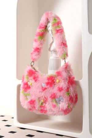 Candy Pink Plush Underarm Bag for Women - Sweet Strawberry Leopard Print Crossbody Tote - Cute Small Niche Style