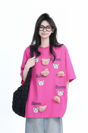 Cartoon Graphic Pink Short Sleeve T-Shirt for Women - Fun Summer Design, Loose Fit, Casual Style