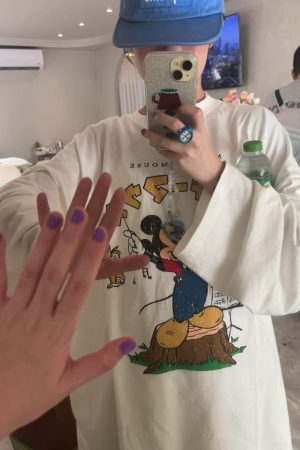 Cartoon Print Casual Oversized Long Sleeve T-Shirt for Autumn & Winter - Korean Style, Youthful and Slimming Cotton Tee