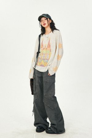 Castle Graffiti Long Sleeve T-Shirt for Women - 2024 Spring Loose Round Neck Urban Style Tee