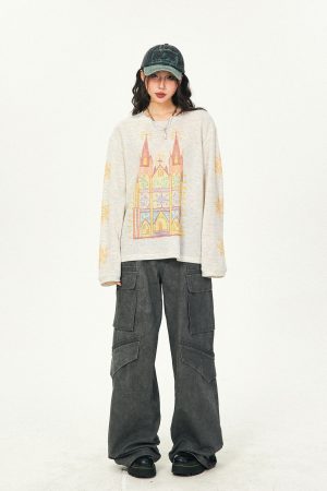 Castle Graffiti Long Sleeve T-Shirt for Women - 2024 Spring Loose Round Neck Urban Style Tee