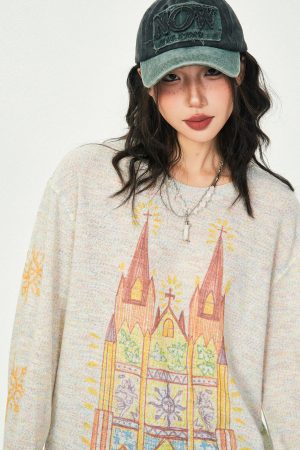 Castle Graffiti Long Sleeve T-Shirt for Women - 2024 Spring Loose Round Neck Urban Style Tee