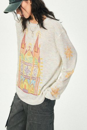 Castle Graffiti Long Sleeve T-Shirt for Women - 2024 Spring Loose Round Neck Urban Style Tee