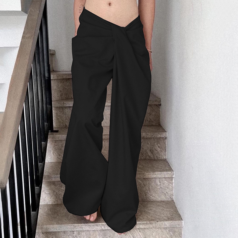 Casual Irregular Low-Waist Pleated Wide-Leg Pants for Women - Relaxed Fit Solid Color Long Trousers, Y2K Fashion Casual Irregular Low-Waist Pleated Wide-Leg Pants for Women - Relaxed Fit Solid Color Long Trousers, Y2K Fashion