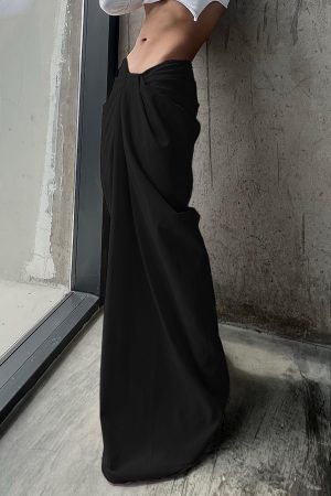 Casual Irregular Low-Waist Pleated Wide-Leg Pants for Women - Relaxed Fit Solid Color Long Trousers, Y2K Fashion