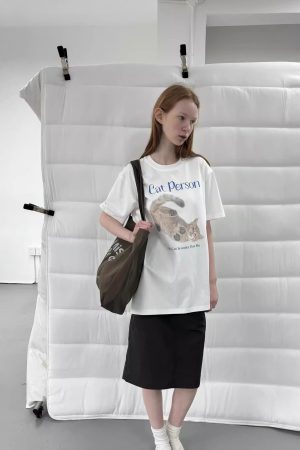 Casual Korean Style Cartoon Cat & Dog Print Short Sleeve T-Shirt for Women - Versatile Minimalist Pure Cotton Top