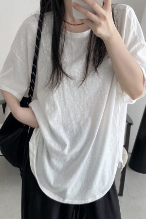 Casual Loose Drop-Shoulder Minimalist Textured Short-Sleeve T-Shirt in Sun Grapefruit for Summer - Versatile Linen-Like Style