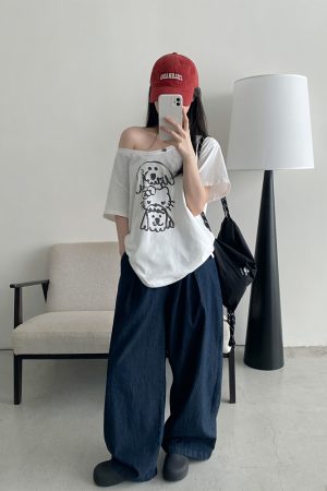 Casual Off-Shoulder T-Shirt for Women with Sun Grapefruit Puppy Kitten Print - 2025 Summer Loose Fit Age-Reducing Style