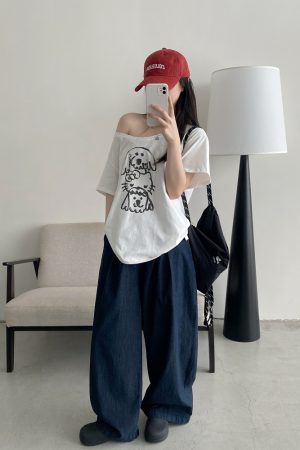 Casual Off-Shoulder T-Shirt for Women with Sun Grapefruit Puppy Kitten Print - 2025 Summer Loose Fit Age-Reducing Style