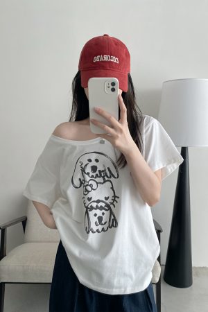 Casual Off-Shoulder T-Shirt for Women with Sun Grapefruit Puppy Kitten Print - 2025 Summer Loose Fit Age-Reducing Style