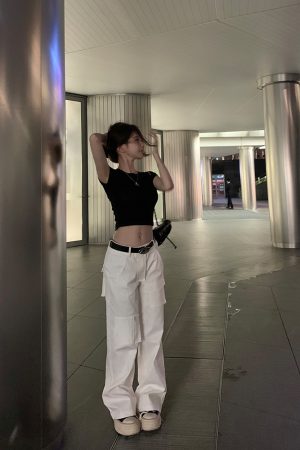 Casual Women's Vintage Work Pants - Loose Slimming White Straight Pants in Girl Group Style, Y2K Inspired Fashion