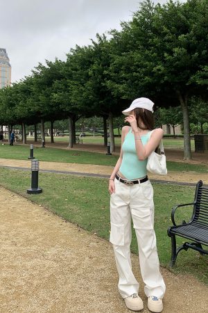 Casual Women's Vintage Work Pants - Loose Slimming White Straight Pants in Girl Group Style, Y2K Inspired Fashion