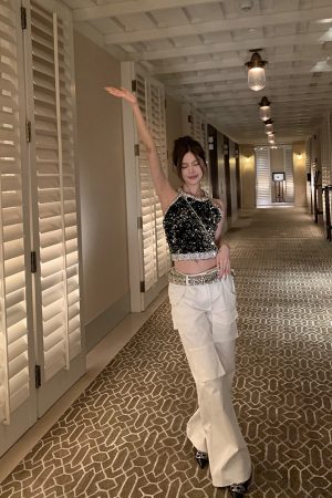 Casual Women's Vintage Work Pants - Loose Slimming White Straight Pants in Girl Group Style, Y2K Inspired Fashion