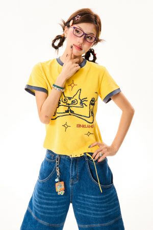Cat Fun Print Color Block Short Sleeve T-Shirt for Women - Summer Versatile Top in Playful Dopamine Colors
