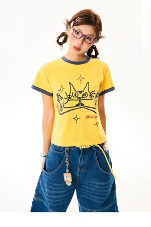 Cat Fun Print Color Block Short Sleeve T-Shirt for Women - Summer Versatile Top in Playful Dopamine Colors