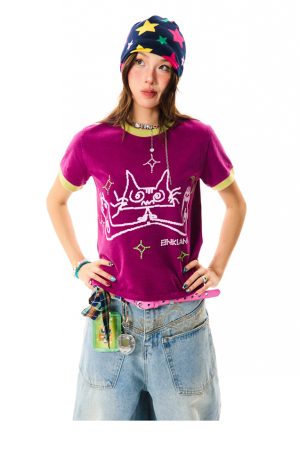 Cat Fun Print Color Block Short Sleeve T-Shirt for Women - Summer Versatile Top in Playful Dopamine Colors