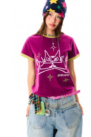 Cat Fun Print Color Block Short Sleeve T-Shirt for Women - Summer Versatile Top in Playful Dopamine Colors