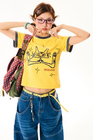 Cat Fun Print Color Block Short Sleeve T-Shirt for Women - Summer Versatile Top in Playful Dopamine Colors