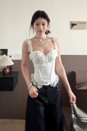 Ceiling White Spaghetti Strap Women's Summer Lace Splicing Slim-Fit Tank Top - Sexy Fishbone Design for a Chic Look