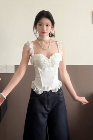 Ceiling White Spaghetti Strap Women's Summer Lace Splicing Slim-Fit Tank Top - Sexy Fishbone Design for a Chic Look