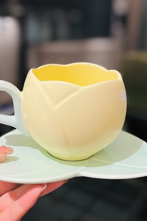 Ceramic Tulip-Shaped Coffee Cup with Saucer - Aesthetic Relief Design for Office and Home, Perfect Gift for Stylish Girls