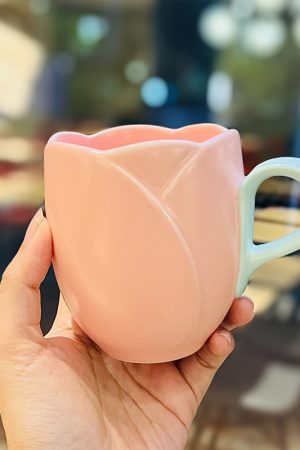 Ceramic Tulip-Shaped Coffee Cup with Saucer - Aesthetic Relief Design for Office and Home, Perfect Gift for Stylish Girls