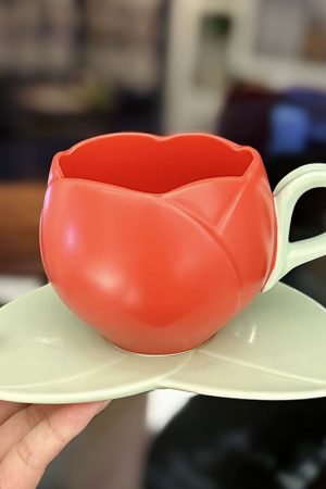Ceramic Tulip-Shaped Coffee Cup with Saucer - Aesthetic Relief Design for Office and Home, Perfect Gift for Stylish Girls