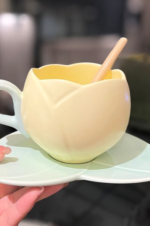 Ceramic Tulip-Shaped Coffee Cup with Saucer - Aesthetic Relief Design for Office and Home, Perfect Gift for Stylish Girls