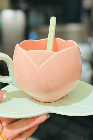 Ceramic Tulip-Shaped Coffee Cup with Saucer - Aesthetic Relief Design for Office and Home, Perfect Gift for Stylish Girls
