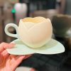 Ceramic Tulip-Shaped Coffee Cup with Saucer - Aesthetic Relief Design for Office and Home, Perfect Gift for Stylish Girls