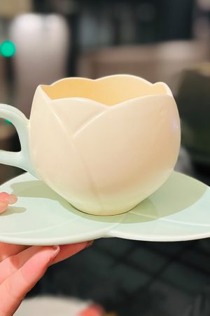 Ceramic Tulip-Shaped Coffee Cup with Saucer - Aesthetic Relief Design for Office and Home, Perfect Gift for Stylish Girls