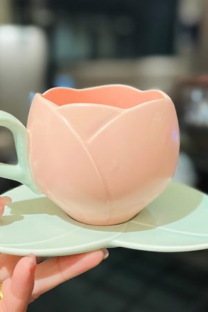 Ceramic Tulip-Shaped Coffee Cup with Saucer - Aesthetic Relief Design for Office and Home, Perfect Gift for Stylish Girls
