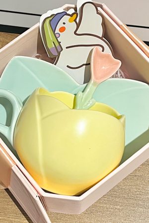 Ceramic Tulip-Shaped Coffee Cup with Saucer - Aesthetic Relief Design for Office and Home, Perfect Gift for Stylish Girls