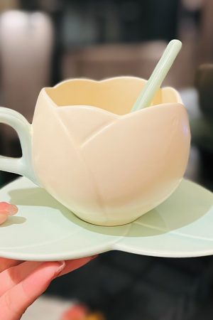 Ceramic Tulip-Shaped Coffee Cup with Saucer - Aesthetic Relief Design for Office and Home, Perfect Gift for Stylish Girls