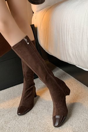 Chanel-Style Patchwork Chunky Heeled Long Boots for Women, Height-Increasing Slim-Fit Design, Fashionable Footwear for Petite Individuals